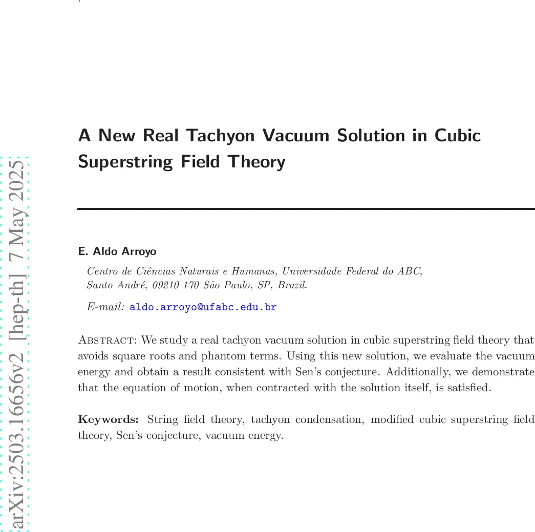 새로운 실수 타키온 진공 해법 제곱근과 팬텀 항 없이