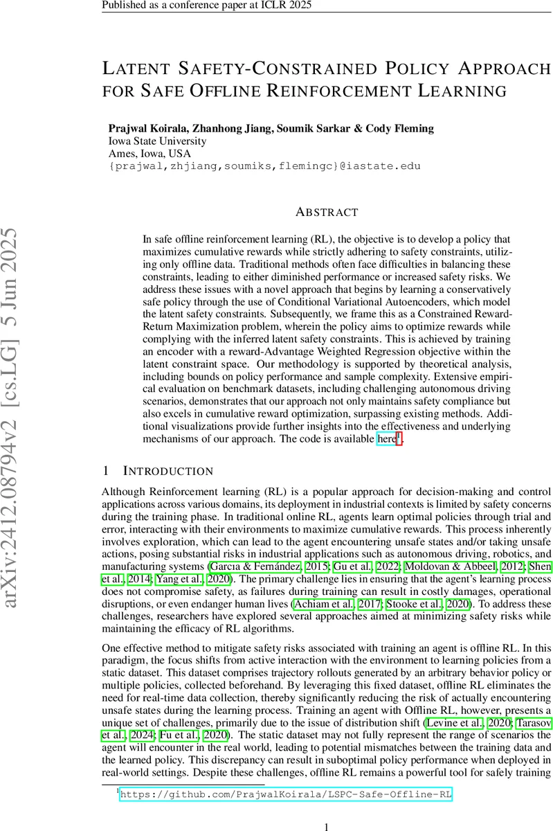 잠재 안전 제약 기반 오프라인 강화학습 정책 설계