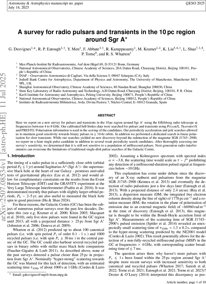 은하 중심 10pc 영역 라디오 펄서·트랜지언트 탐색