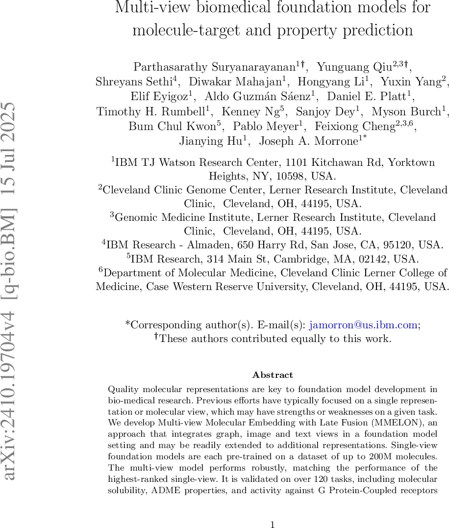멀티뷰 바이오메디컬 파운데이션 모델 MMELON: 그래프·이미지·텍스트 융합으로 분자·타깃 예측 혁신