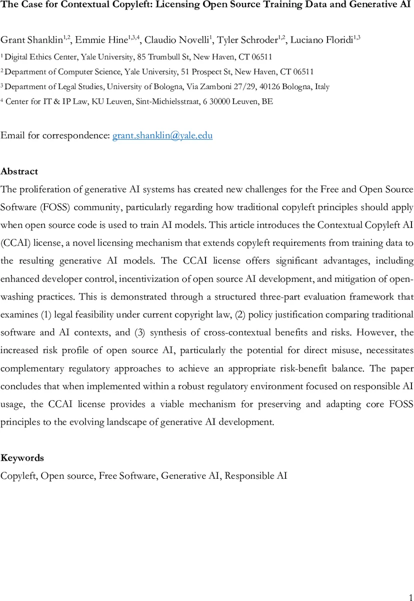 맥락적 카피레프트: 오픈소스 학습 데이터와 생성 AI를 위한 새로운 라이선스