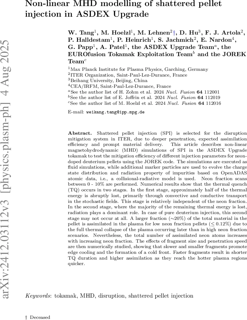 비선형 MHD 모델링을 통한 ASDEX Upgrade 파쇄 펠릿 주입 연구
