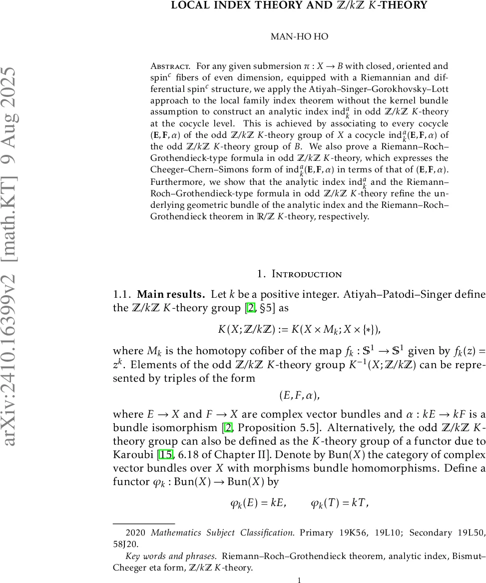 지역 지수 이론과 Z/kZ K‑이론의 분석 지수 및 리만‑로흐‑그로텐베르크 공식