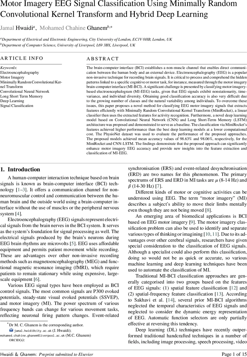 미니로켓 기반 모터 이미지 EEG 분류와 CNN LSTM 하이브리드 모델 비교