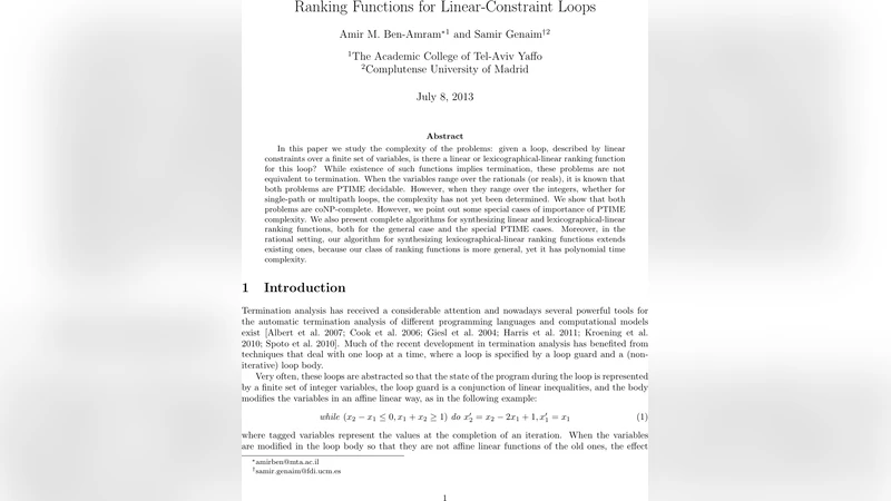 선형 제약 루프의 순위 함수 탐색과 복잡도 분석
