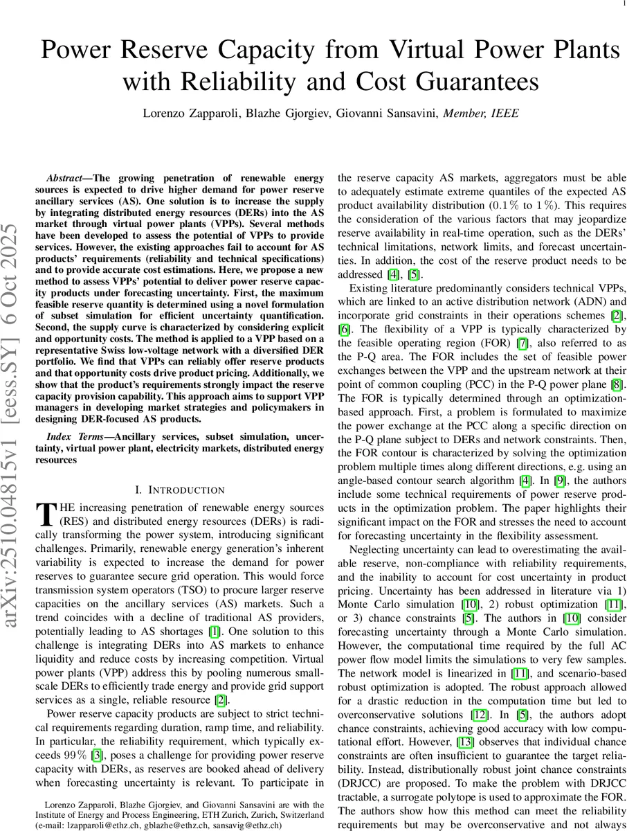 신뢰성과 비용 보장을 갖춘 가상발전소의 전력예비용량 제공 방법