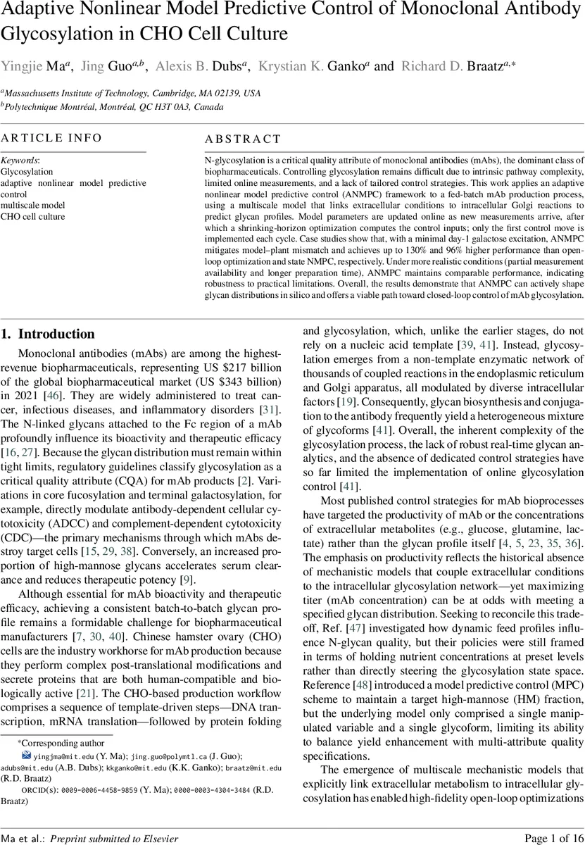 적응형 비선형 모델 예측 제어를 통한 CHO 세포 배양에서 단클론 항체 당화 제어