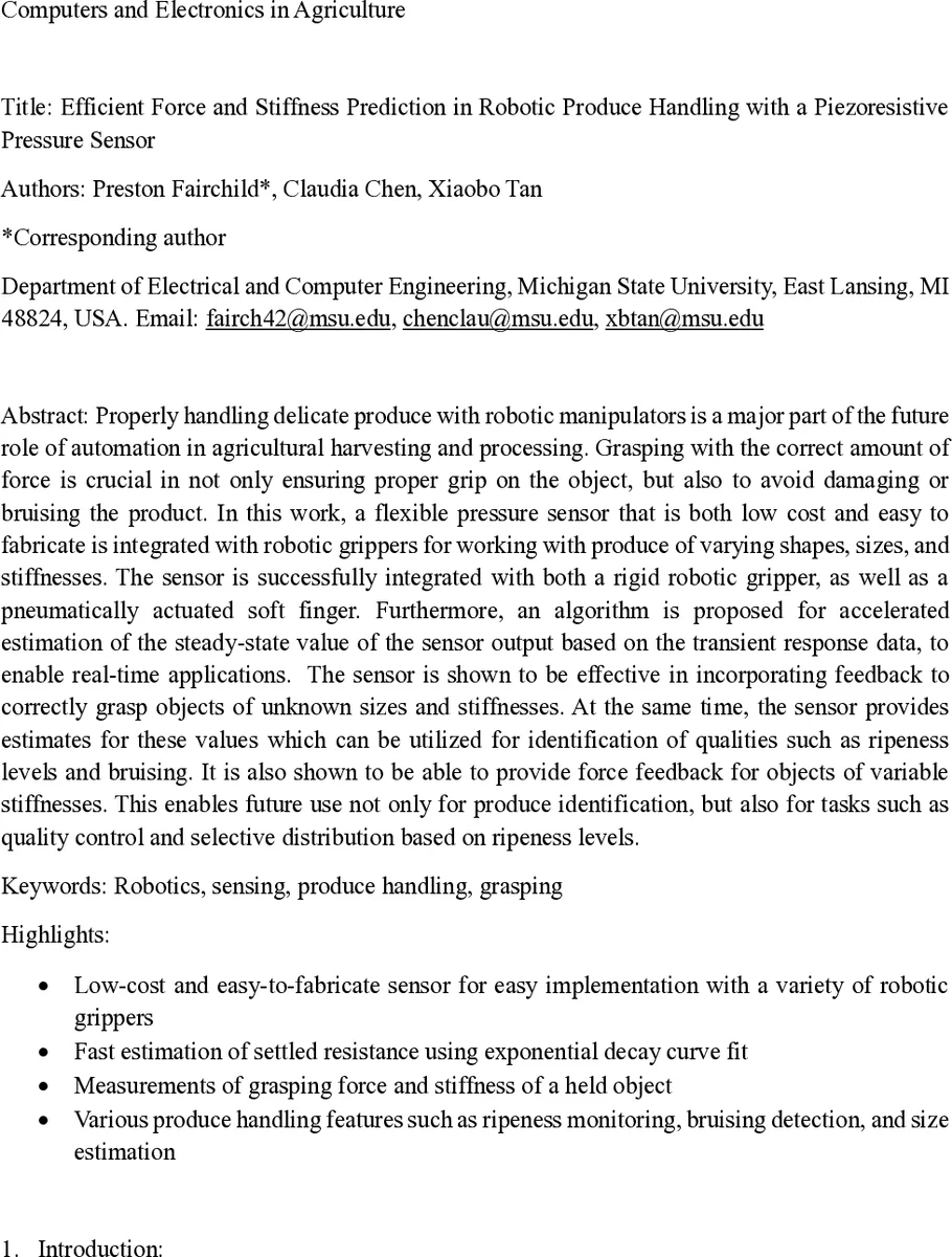 로봇 농산물 취급을 위한 저비용 압력 센서와 빠른 힘·강성 예측