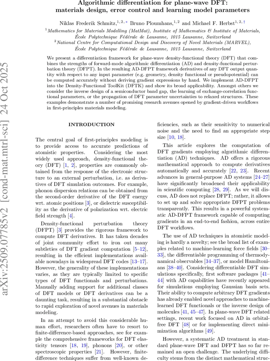 플레인웨이브 DFT를 위한 자동 미분 프레임워크 재료 설계와 오류 제어