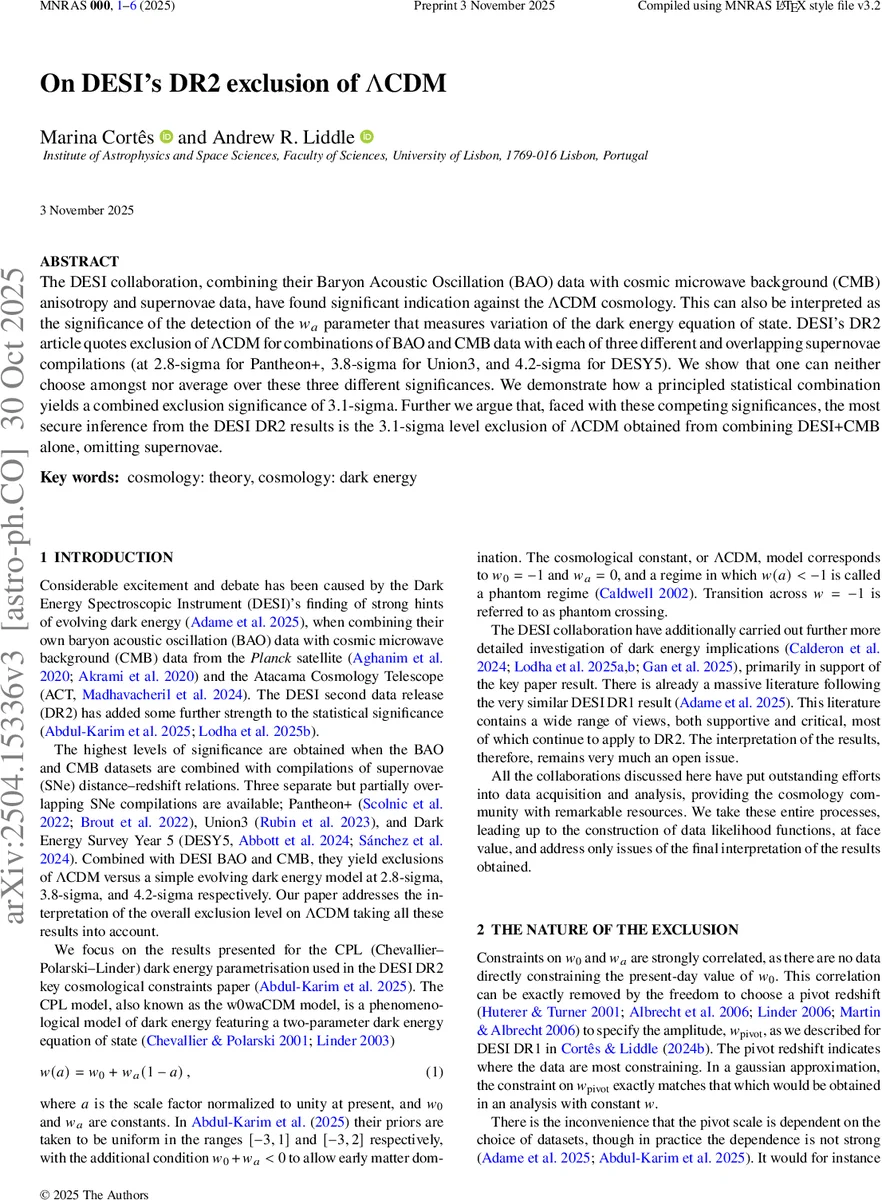 DESI DR2가 람다CDM를 배제한다는 주장 통계적 재해석
