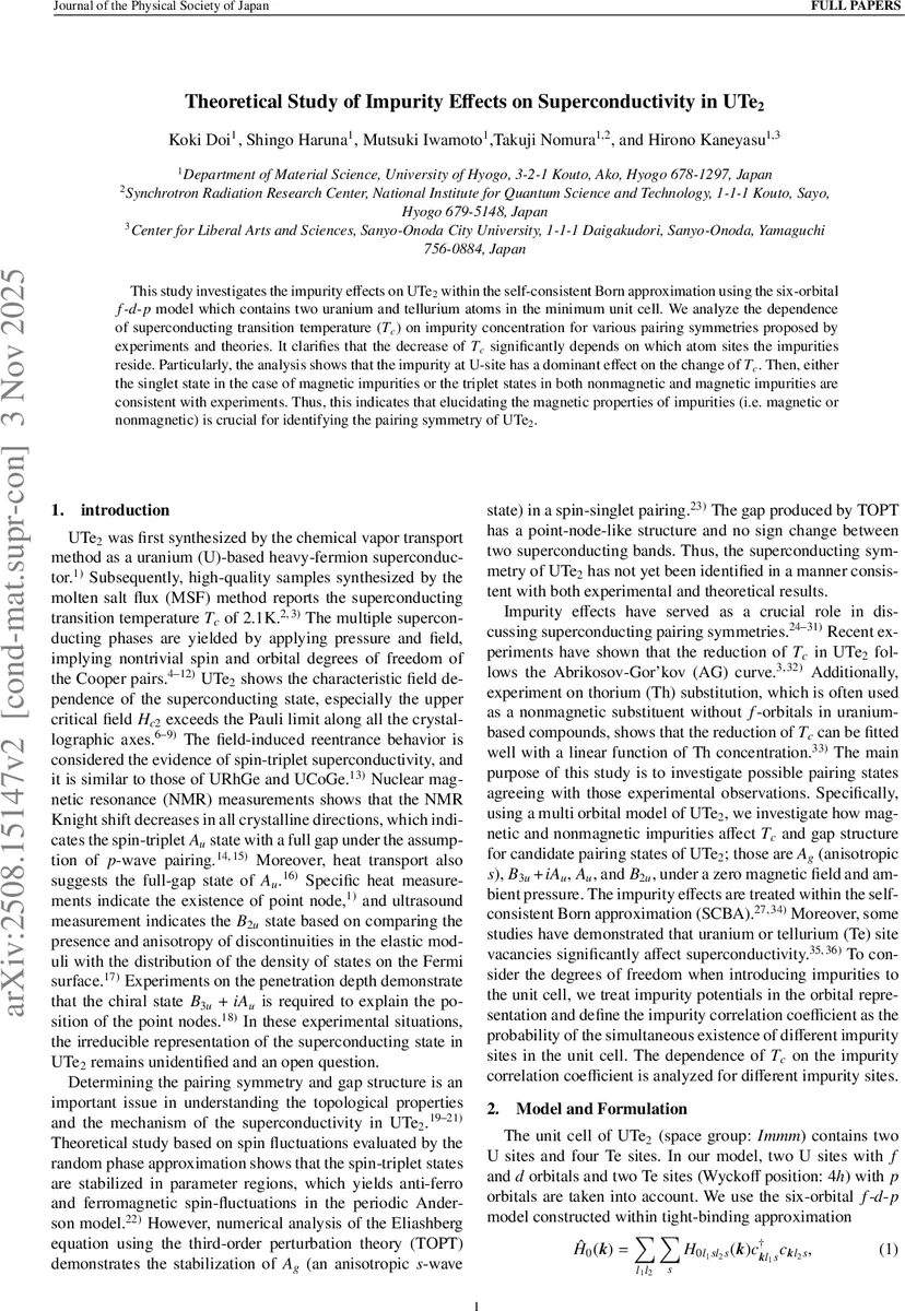 UTe₂ 초전도성에 대한 불순물 효과 이론적 고찰