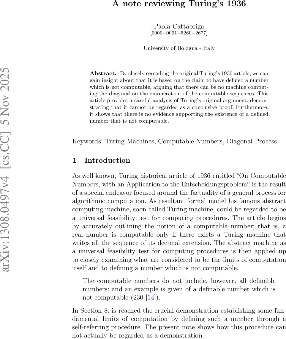튜링 1936 논문의 대각선 논증 재검토와 비계산수 존재 논쟁