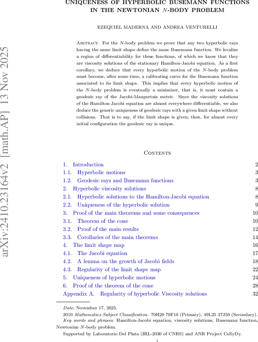 뉴턴 N바디 문제에서 쌍곡선 부세만 함수의 유일성