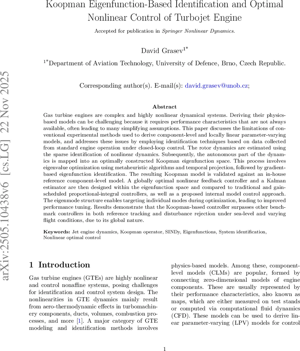 코프만 고유함수 기반 터보젯 엔진 식별 및 전역 비선형 최적 제어