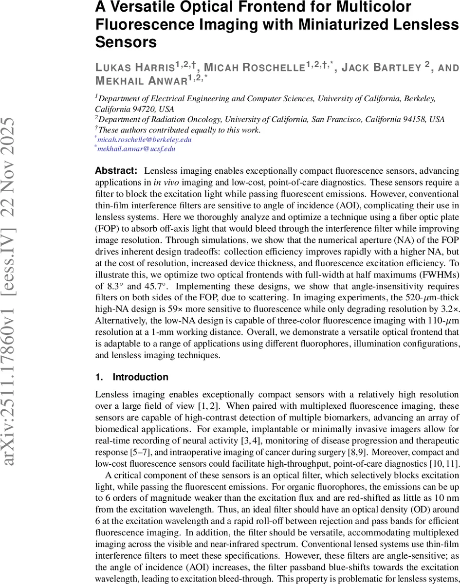 다중색 형광 이미징을 위한 다목적 광학 프론트엔드: 초소형 렌즈리스 센서용 섬유광판 설계와 최적화