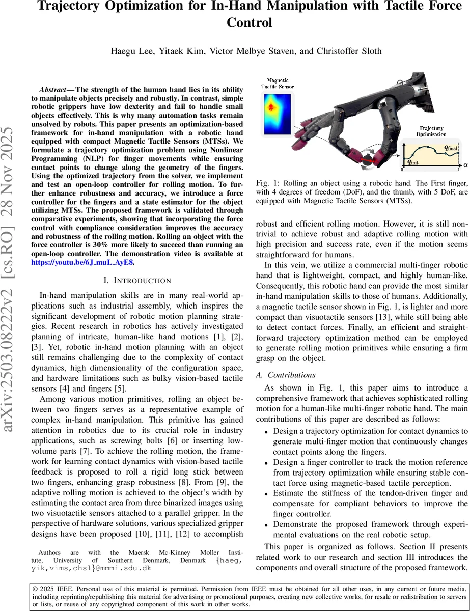 인핸드 매니퓰레이션을 위한 접촉 기반 궤적 최적화와 힘 제어 프레임워크