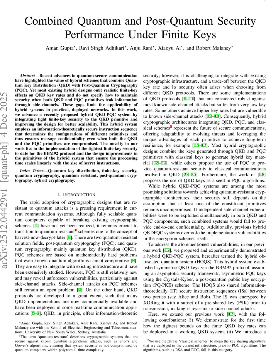 양자‑후양자 하이브리드 보안 시스템의 유한키 실현과 선형 확장성