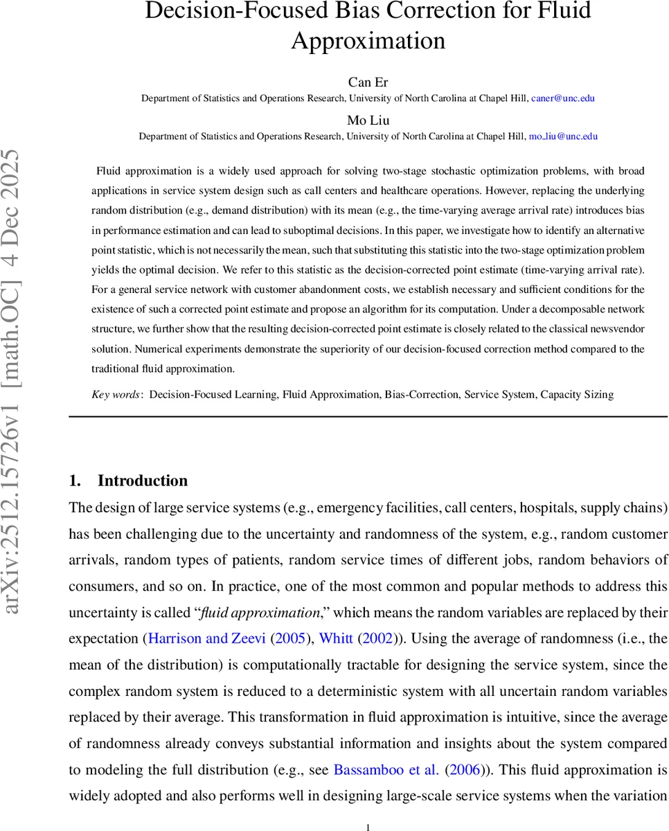 유동 근사 편향 교정: 의사결정 중심 도착률 추정