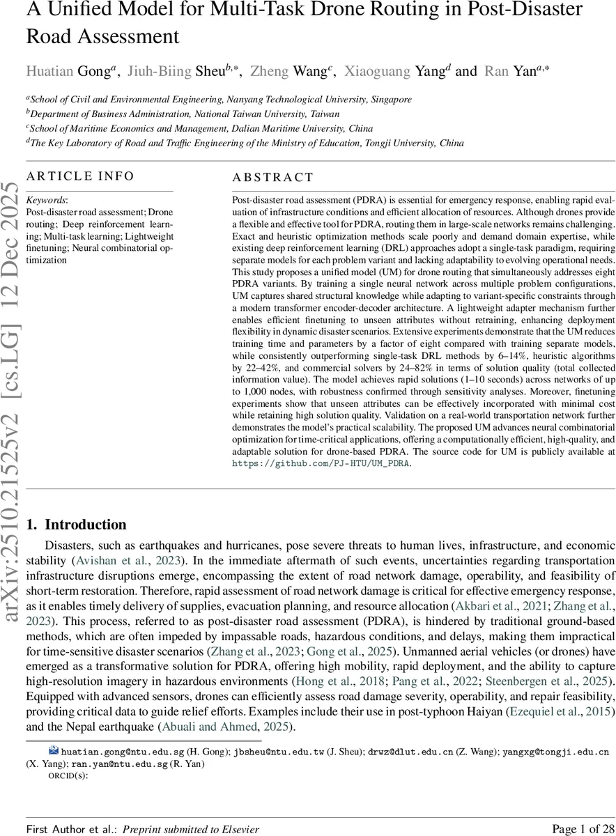 재난후 도로평가를 위한 통합 드론 라우팅 모델