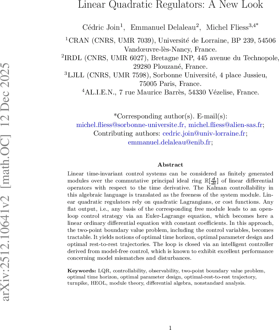 선형 이차 조절기의 대수적 재해석: 모듈 이론과 변분법을 통한 새로운 접근법