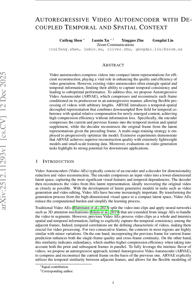 자율회귀 비디오 오토인코더 ARVAE: 시간·공간 분리 압축 혁신