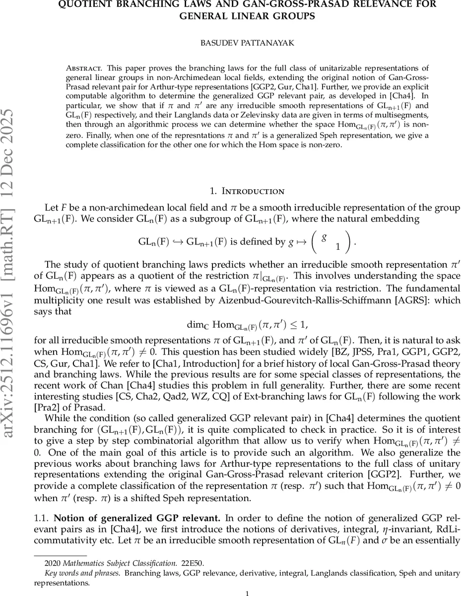 일반 선형군의 분기 법칙과 확장된 Gan Gross Prasad 관련성