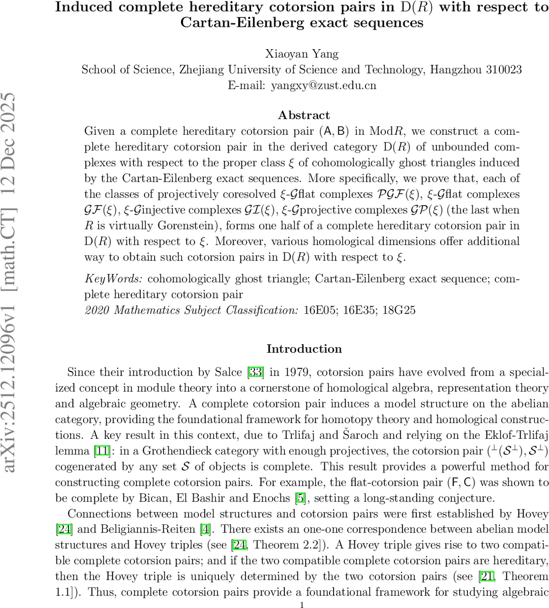 유도된 완전 유전 코토션 쌍: Cartan Eilenberg 정확열과 도함수 범주
