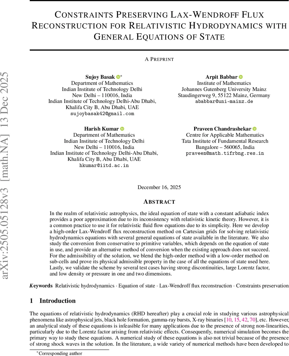제약 보존 라크스 웬드로프 플럭스 재구성 방법을 이용한 일반 상태 방정식의 상대론적 유체역학