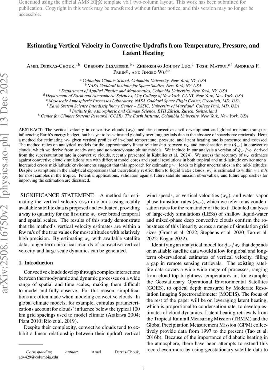 온도, 압력, 잠열 가열률로 구름의 수직 상승 속도 추정하기