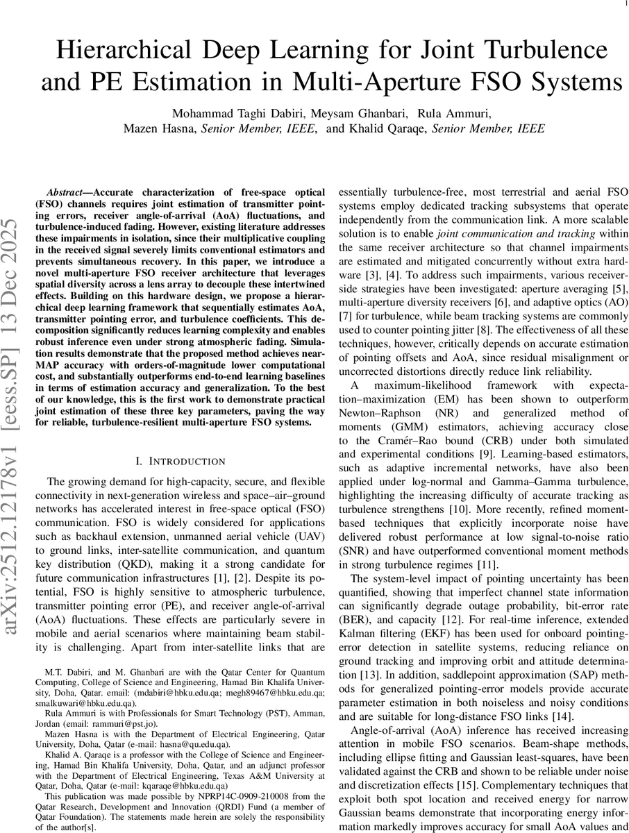 다중 눈 FSO 시스템의 난류와 포인팅 오류를 한번에 잡는 계층적 딥러닝 기술