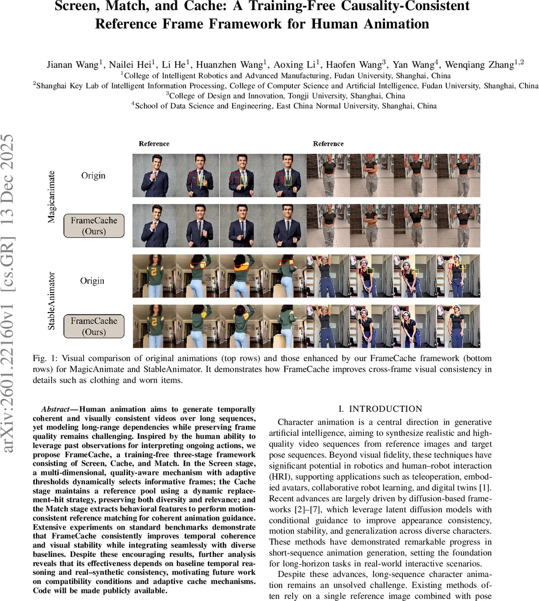프레임캐시: 훈련 없이 구현하는 장기 인간 애니메이션 일관성 프레임워크