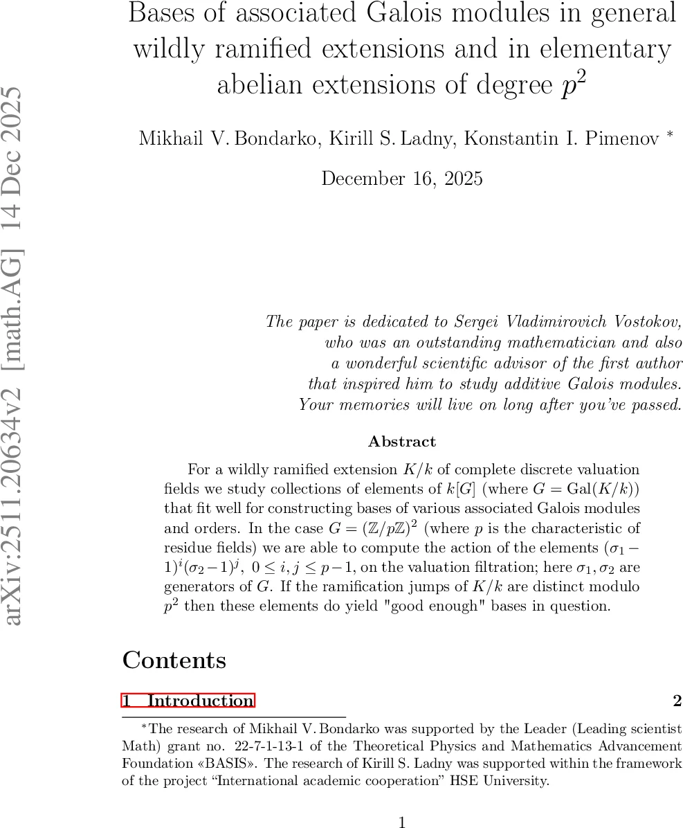 와일드 램핑 확장과 차수 $p^2$ 초등 아벨 군에 대한 연관 가일스 모듈 기저 구축