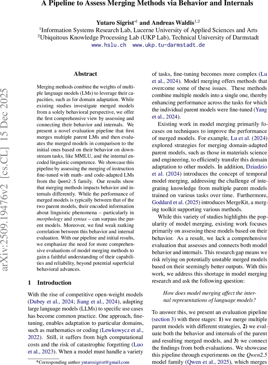 모델 병합 방법 평가를 위한 행동·내부 통합 파이프라인