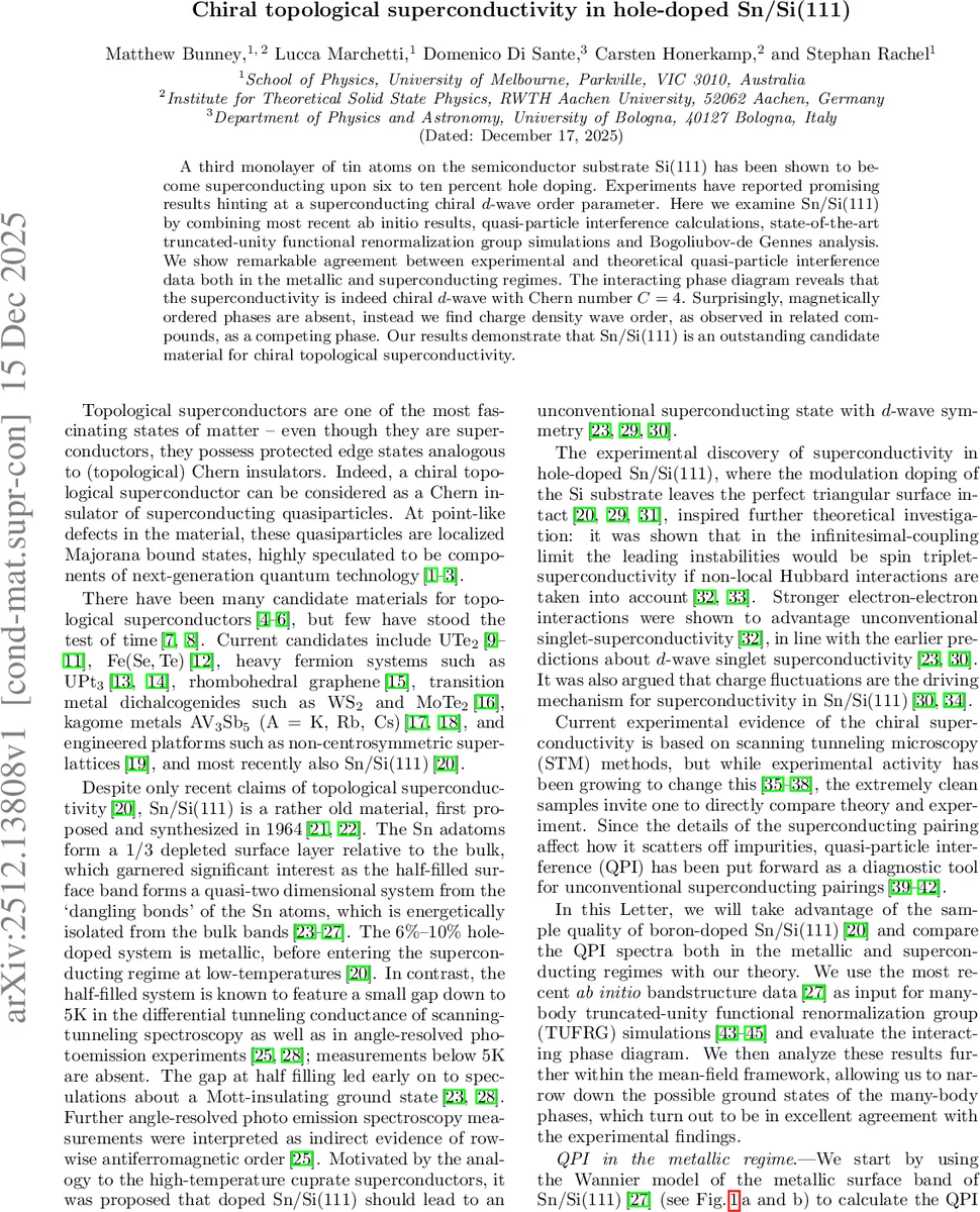 주석 실리콘 계면에서 발견된 카이랄 위상 초전도 현상