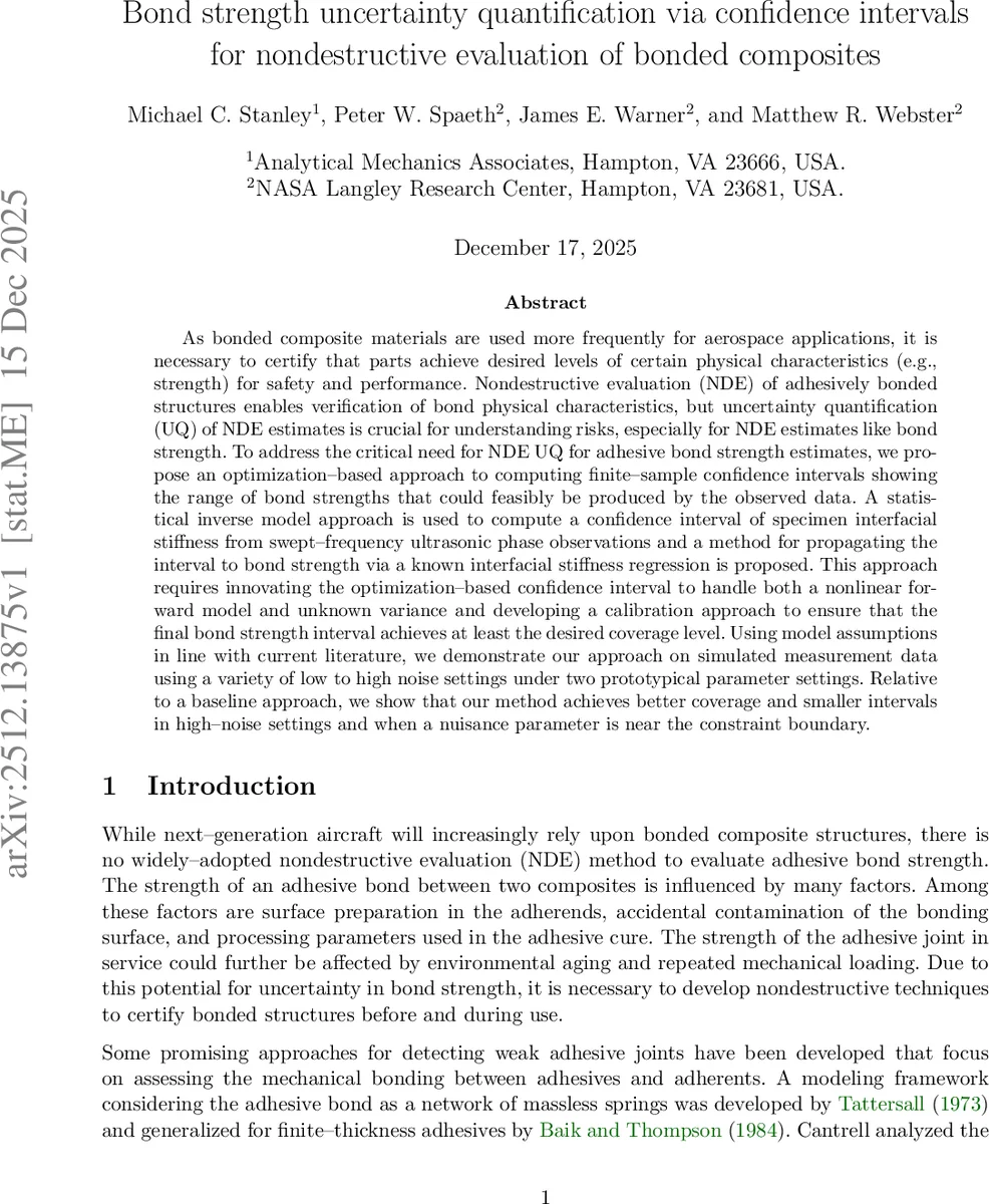 접착 복합재 비파괴 평가를 위한 결합 강도 불확실성 정량화: 신뢰 구간 접근법