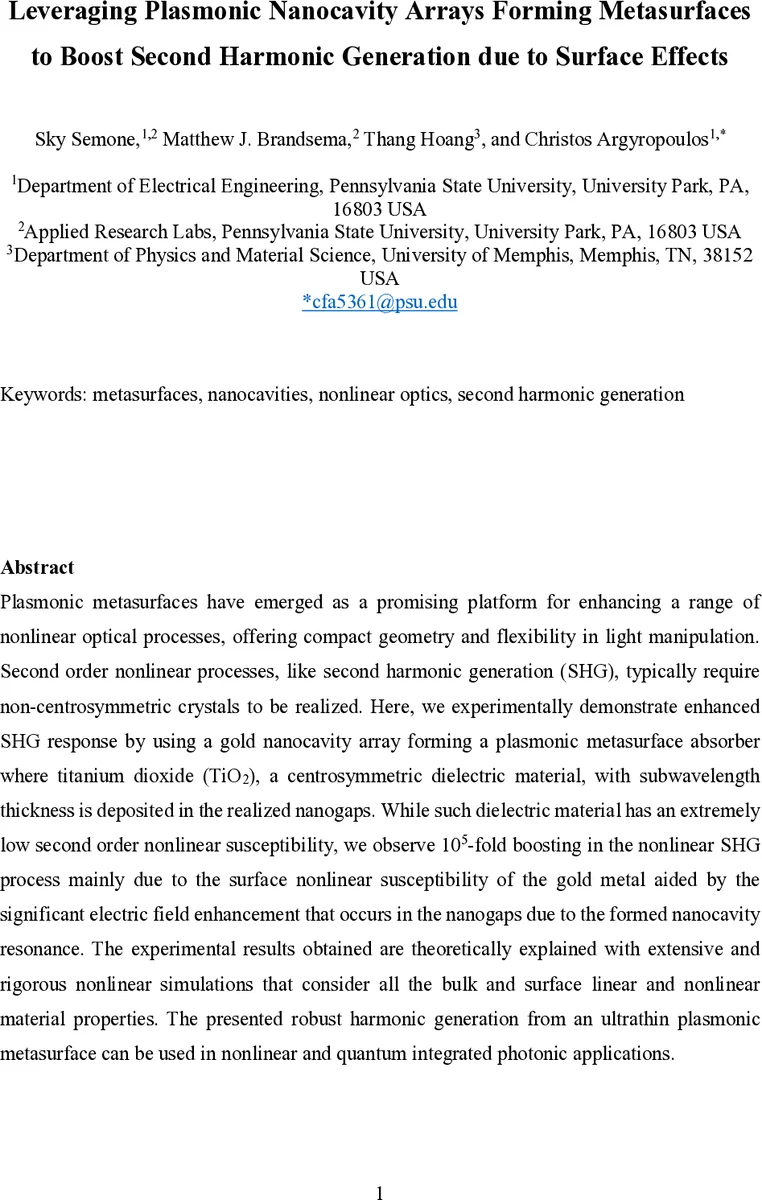플라스몬 나노공진기 배열 메타표면을 이용한 표면 효과 기반 2차 고조파 생성 증폭