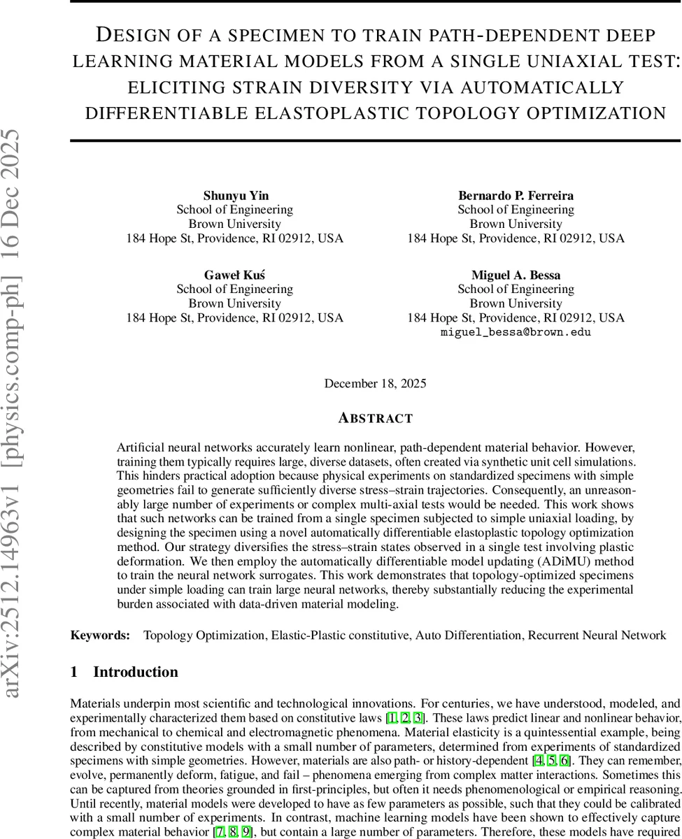 단일 인장 시험으로 학습 가능한 경로 의존 딥러닝 재료 모델을 위한 최적 설계 시편