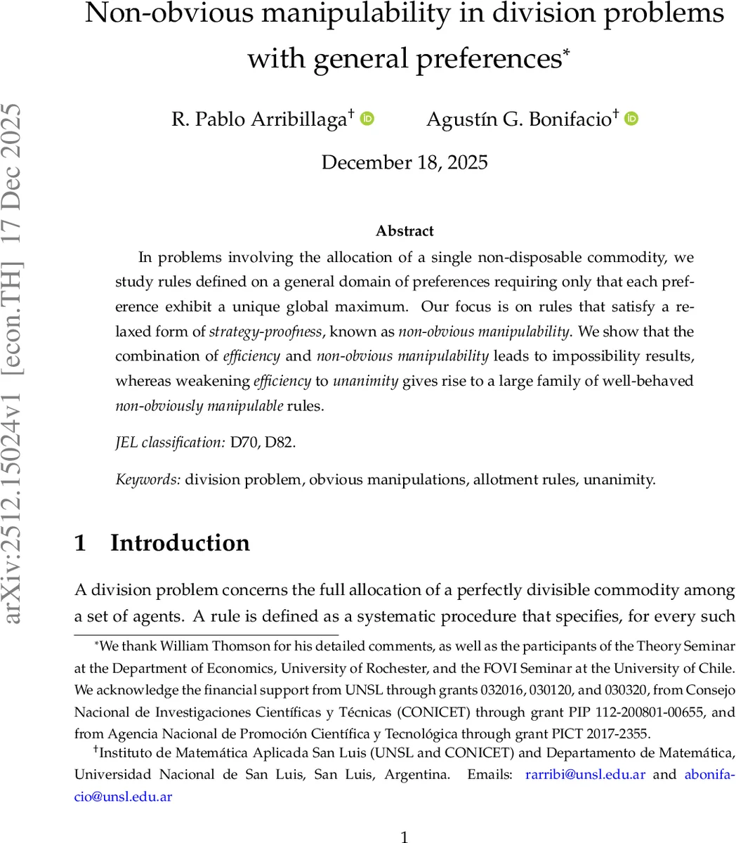 일반 선호 하에서 나눔 문제의 비명백 조작 가능성