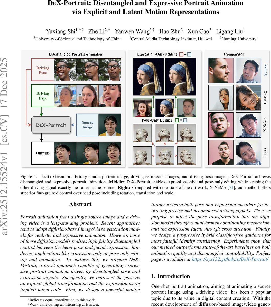 포즈와 표정을 완벽하게 분리하여 제어하는 차세대 인물 애니메이션 기술 DeX-Portrait