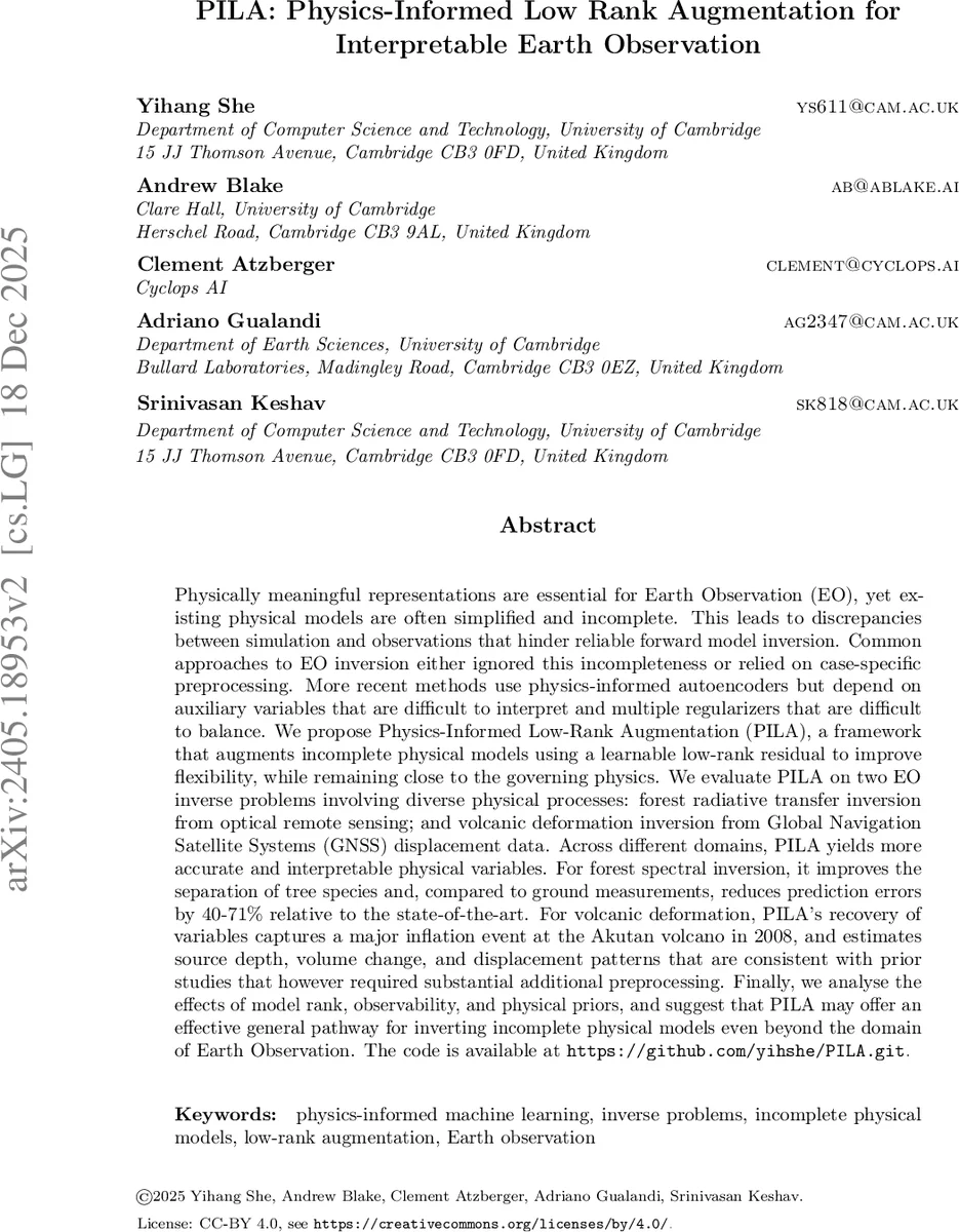 물리 기반 저차원 보강으로 해석 가능한 지구 관측 구현