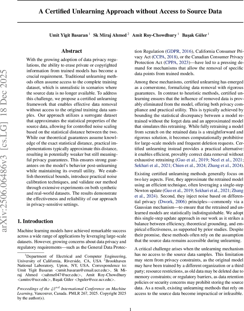 원본 데이터 없이 인증된 언러닝을 위한 대리 데이터 기반 프레임워크