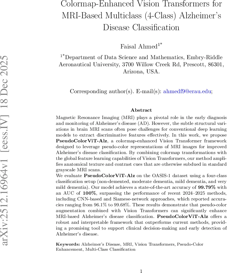 컬러맵 강화 비전 트랜스포머로 MRI 기반 알츠하이머 4분류 정확도 99.79% 달성