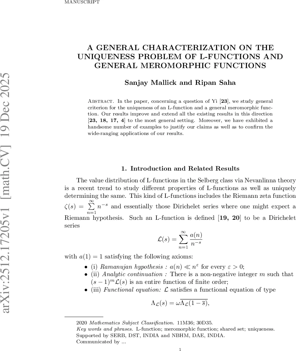L‑함수와 일반 meromorphic 함수의 유일성 문제에 대한 포괄적 특성화