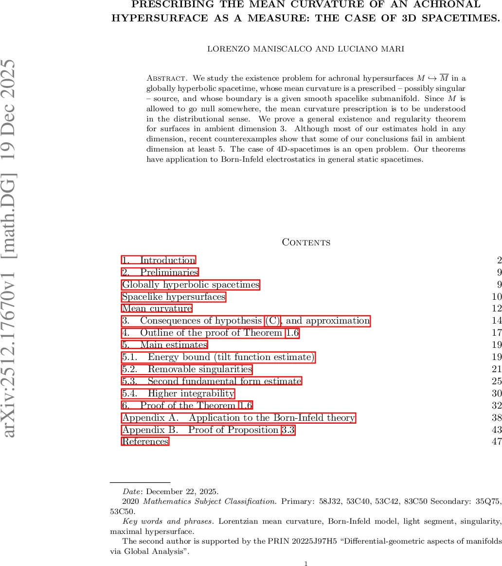 3차원 시공간에서 평균곡률을 측정값으로 지정하는 새로운 존재 이론