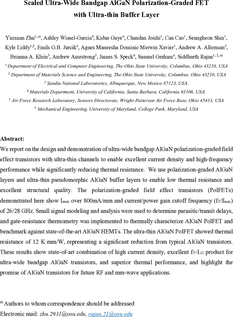 초박형 버퍼와 편극 구배 AlGaN 폴FET, 초와이드 밴드갭 트랜지스터의 고전류·고주파·저열저항 구현