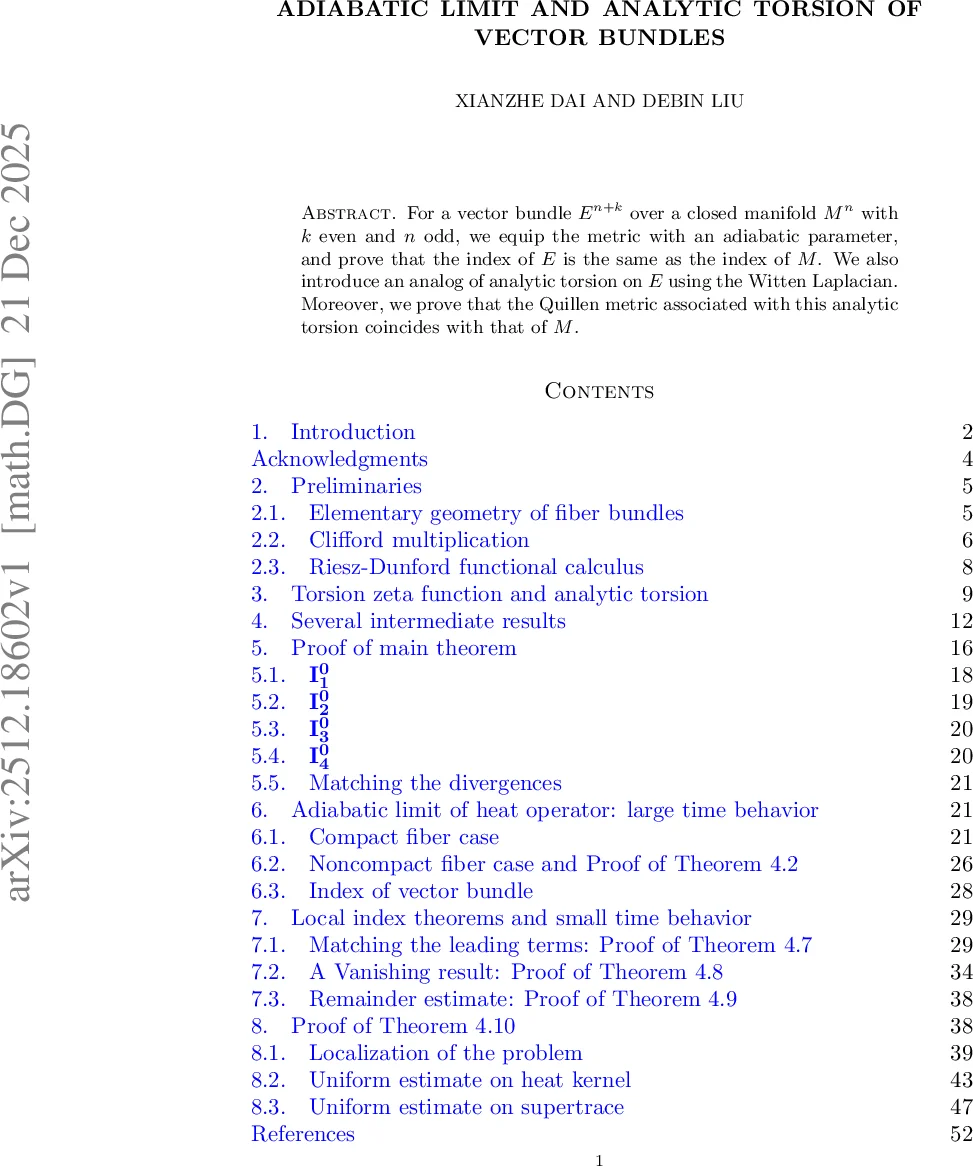 벡터 번들에서의 아디아바틱 극한과 해석적 토션
