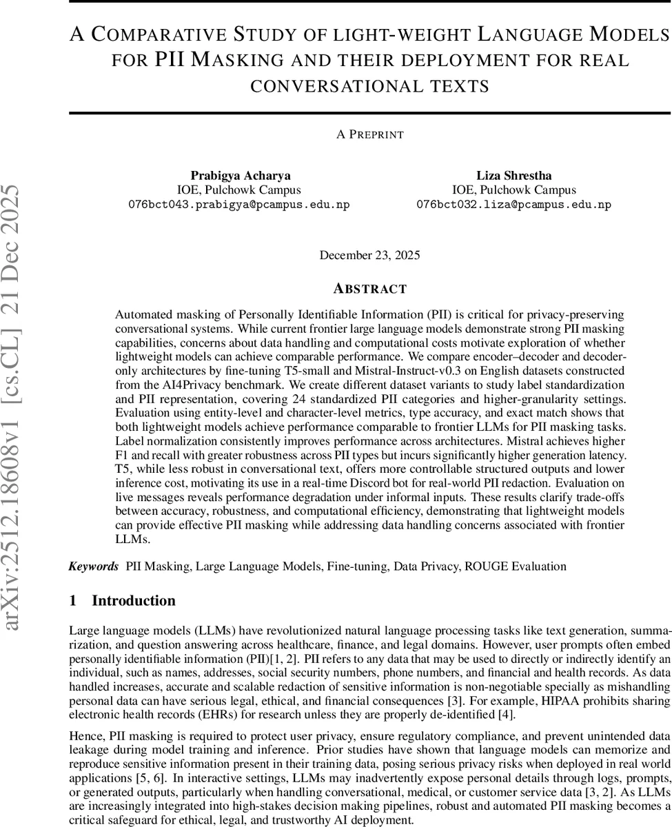 경량 언어 모델로 개인정보 마스킹: 정확도·속도·실제 적용 비교
