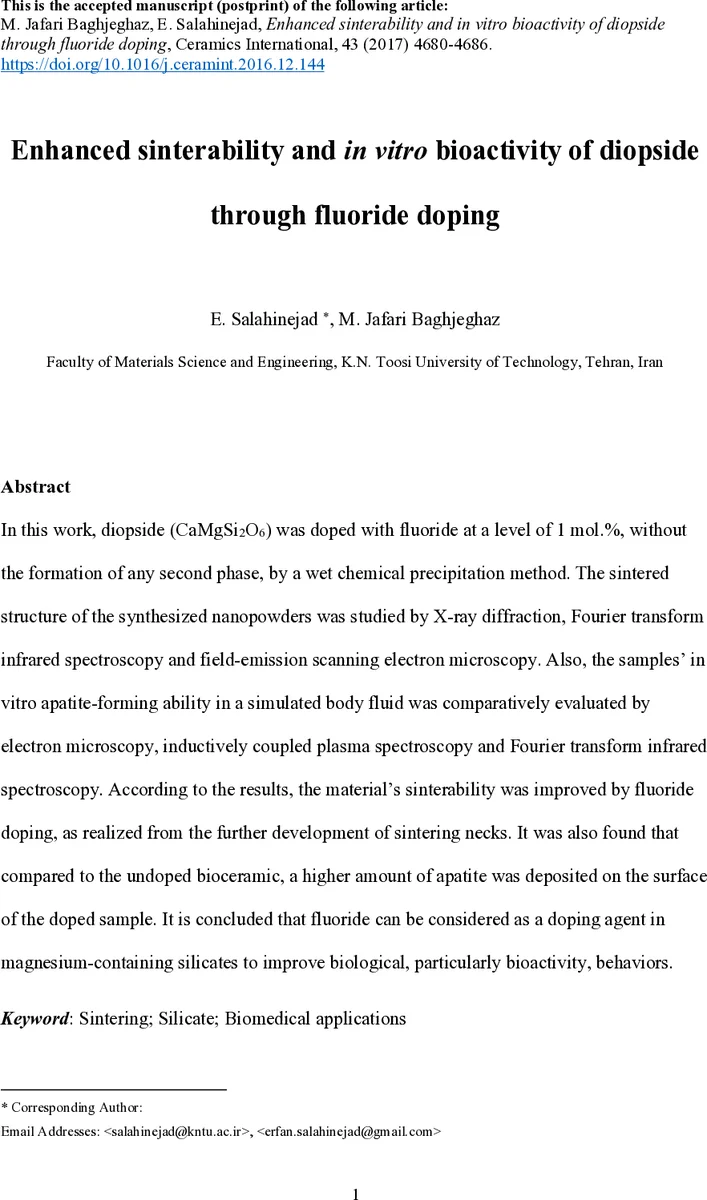 플루오라이드 도핑으로 향상된 디옵사이드 소결성 및 생체활성
