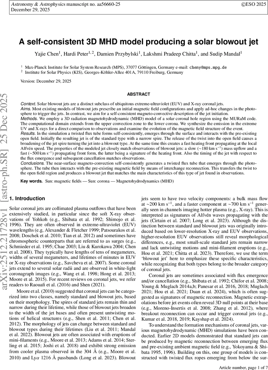 자기 대류가 만든 태양 블로우아웃 제트의 3D MHD 시뮬레이션