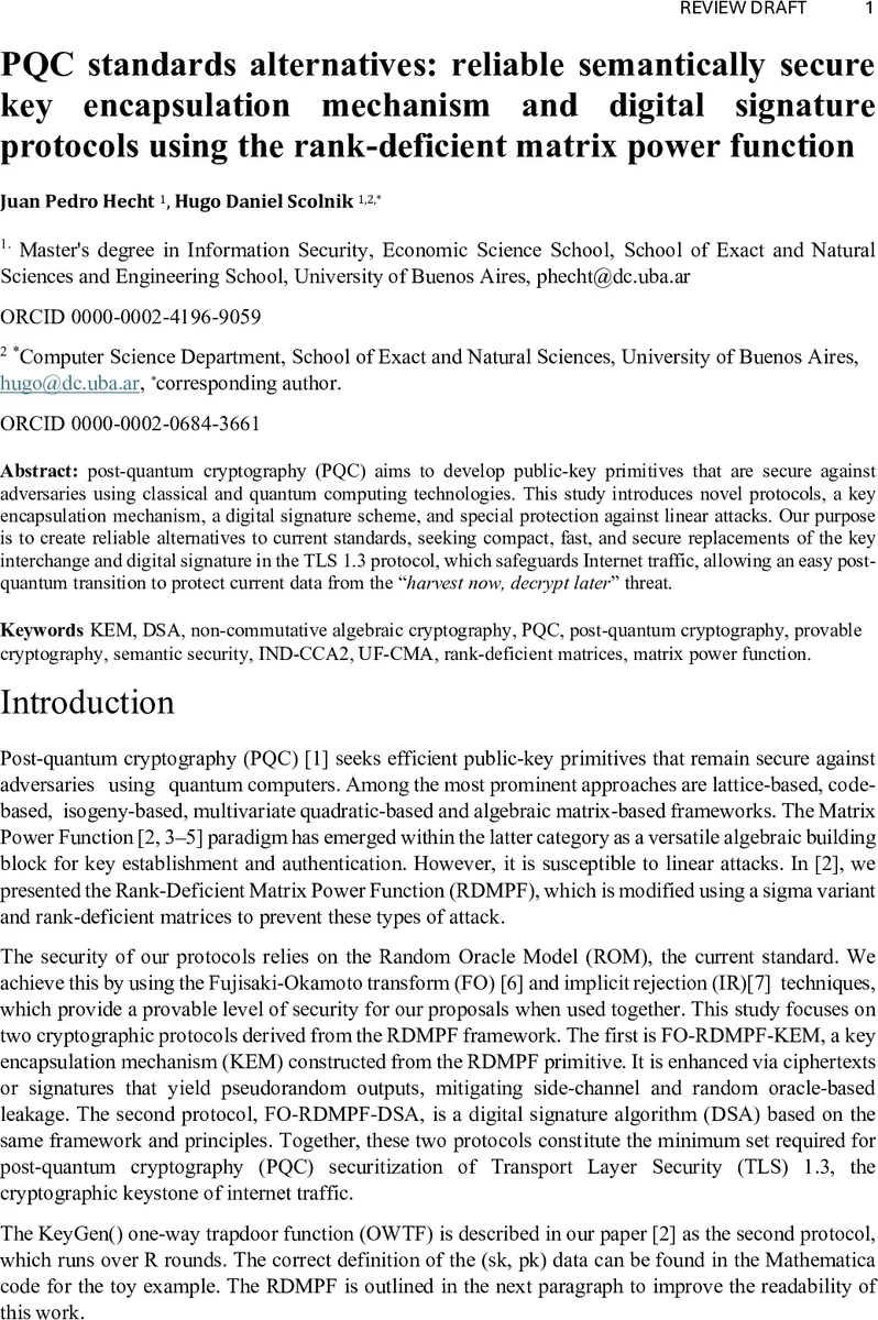포스트양자 암호를 위한 랭크 결함 행렬 거듭제곱 기반 KEM·DSA 설계
